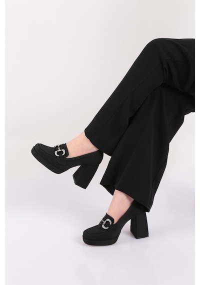 Dgn 0951 Kadin Küt Burun Tokali Platform Topuklu Ayakkabi 0951-2216-R11643 Siyah