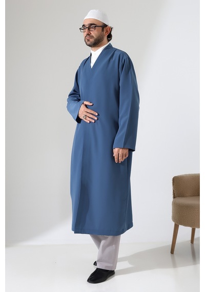 Erkek Namaz Elbisesi Buhara Yaka Cepli Namaz Cübbesi Mavi- Sfa Mavi