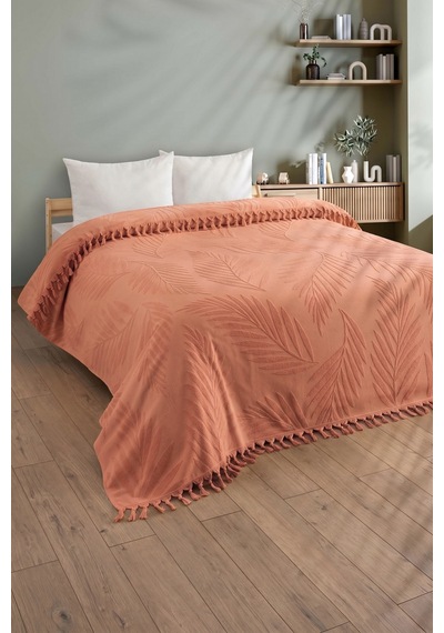Çift Kişilik Saçaklı Havlu Yatak Örtüsü - %100 Pamuk & Yumuşak & Saçaklı Pike - 200x220 Cm-kiremit Kıremıt