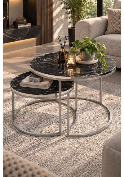 Sulorahome Gümüş Metal Ayaklı Siyah Mermer Desenli 2'li Orta Sehpa Seti