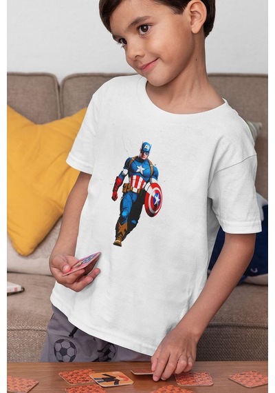 Sevbano Kaptan Amerika Baskılı Unisex Avengers Çizgi Film Çocuk Tişört 1 Beyaz