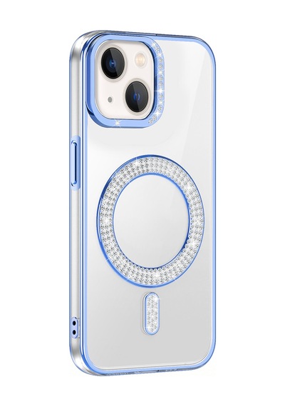 Apple Uyumlu iPhone 14 Kılıf Pırlanta Taş Tasarımlı M-safe Şarj Özellikli Zore Karetta Silikon Kapak Mavi