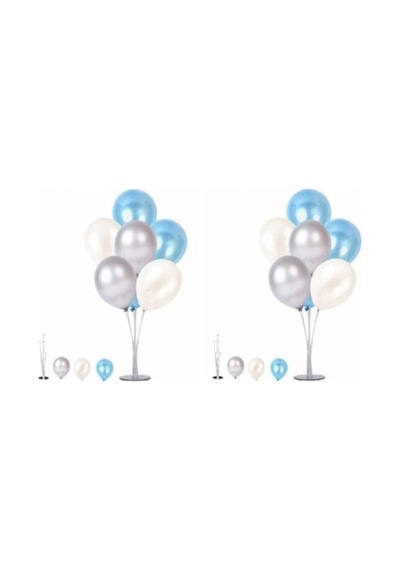 2 Adet 7 Li Balon Standı Ve 14 Adet Beyaz Gümüş Mavi Metalik Balon
