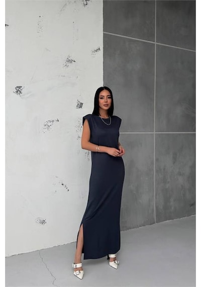 Neşeli Butik Kadın Vatkalı Yırtmaç Detaylı Modal Elbise Nbg010 Antrasit