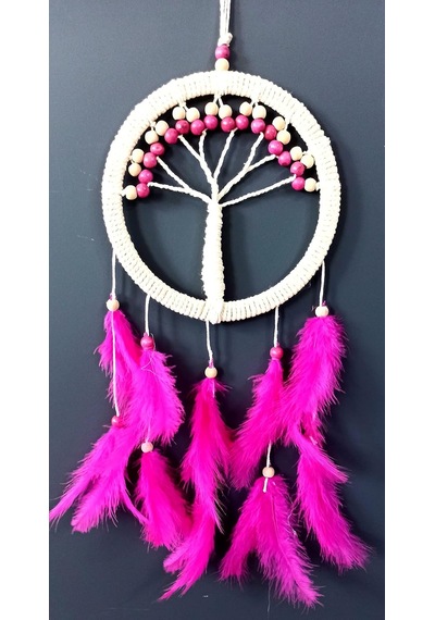 Fuşya Kuş Tüylü Hayat Ağacı Dream Catcher Duvar Süsü Standart