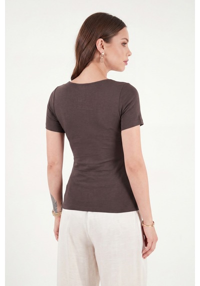 Lela Toka Detaylı Fitted Fit Kayık Yaka Bluz Bayan Bluz 5862707 Kahve
