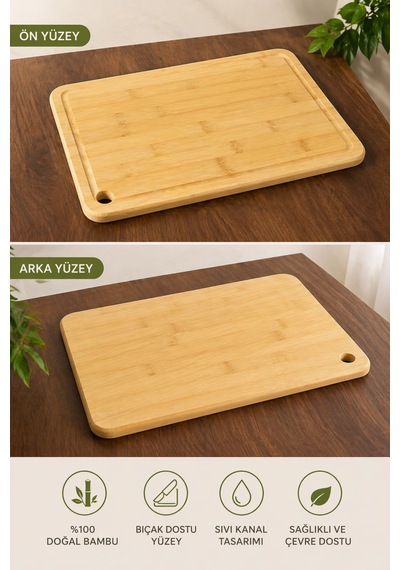 Bambu Kesme Tahtası 26x36 Cm Askılı, Oluklu, Doğal Ahşap Mutfak Kesme Ve Sunum Tahtası Açık Bej