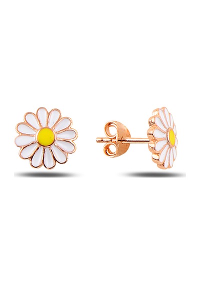 Çekirdekjewelry 925 Ayar Gümüş Rose Papatya Küpe Beyaz Mineli Pembe