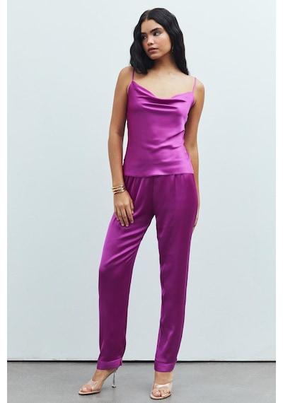 Brûleur Fuşya Degaje Yaka Askılı Uzun Saten Pijama Takımı Fuşya