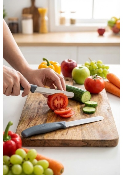 Makri Home Makri Home 2'li Ultra Keskin Tırtıklı Bıçak Seti, Gri 22 Cm Paslanmaz Çelik