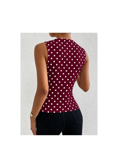 Wild Flower Puantiye Desenli Bisiklet Yaka Drapeli Esnek Kumaş Kadın Bluz Bordo