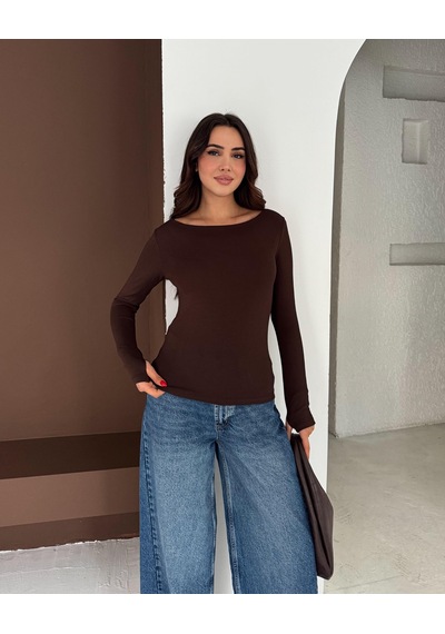 Elaxi Kadın Kayık Yaka Parmak Geçmeli Uzun Kollu Full Likralı Pamuk Viskon Buzzy Body Tişort Kahverengi Elaxi Kadın Kayık Yaka Parmak Geçmeli Uzun Kollu Full Likralı Pamuk Viskon Buzzy Body Tişort Kahverengi