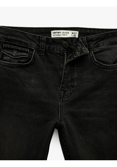 Koton Cepli Yüksek Bel İspanyol Paça Jean Pantolon - Flare Jeans Siyah 6wal40247md Siyah
