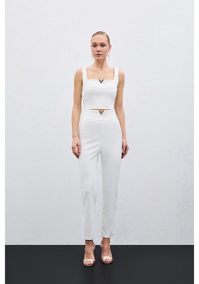 Sateen Bel Aksesuarlı Pantolon - Ekru-135480 Ekru