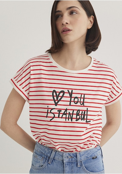 Mavi - Love You Baskılı Çizgili Istanbul Tişört 167986-26829 Beyaz