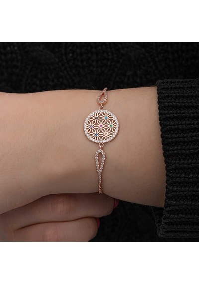 Gümüş Rose Renkli Yaşam Çiçeği Kadın Bileklik