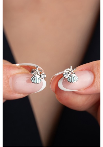 Çekirdekjewelry 925 Ayar Gümüş Deniz Kabuklu Küpe Yıldız Ve Zirkon Taş Detaylı Minimal Tasarım Gri