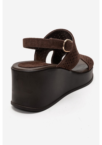 Luvishoes Jadıra Kahverengi Süet Hakiki Deri Delikli Kadın Dolgu Topuklu Sandalet