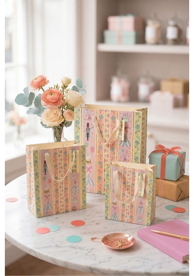 Pastel Parti Temalı Desenli 3 Boy Karton Hediye Çantası Seti 3+