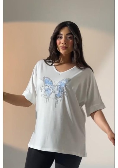 Elaxi Leopar Kelebek Desenli Bluz Beyaz