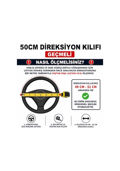 50 cm Direksiyon Kılıfı Geçmeli Ağır Vasıta 49cm 50cm 51cm Çaptaki Direksiyonlarla Uyumlu Siyah