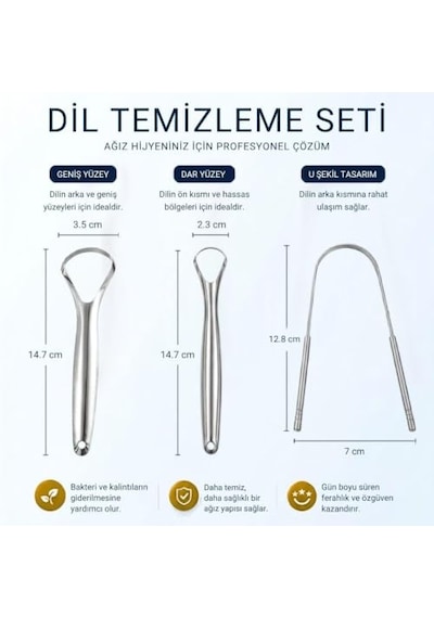 3'lü Profesyonel Dil Temizleme Seti Paslanmaz Çelik Dil Kazıyıcı Ağız Hijyen Aparatı / Geniş & Dar Yüzey, U Şekilli Kazıyıcı, Ergonomik Tasarım, Su İle Kolay Temizleme, Tekrar Kullanılabilir