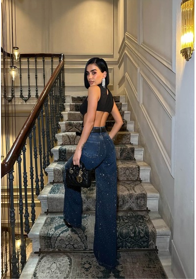 Glammoss L'atelier Yüksek Bel Taş Detaylı Wide Leg Jean Pantolon Bluestone Bluestone