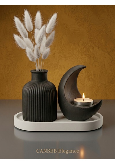 3lü Premium Avangard Hilal Ay Mumluk, Pampas Vazosu Seti - Tealight Mum Hediyeli 98443196
