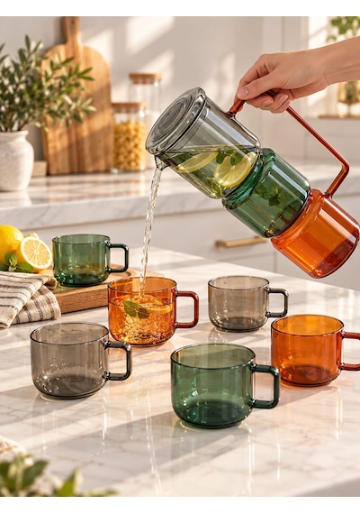 Morponi Otantik Desenli Cam Layers Trio Sürahi 1600 Ml 6 Adet Bardak Seti