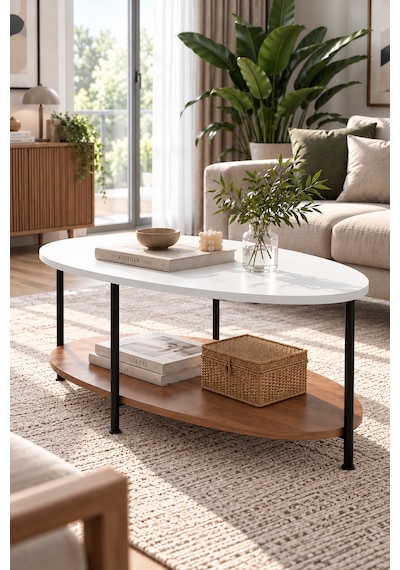 Oval Orta Sehpa 90 Cm İki Katlı Raflı Metal Ayaklı Modern Dekoratif Salon Sehpası Beyaz - Çam Oval Orta Sehpa 90 Cm İki Katlı Raflı Metal Ayaklı Modern Dekoratif Salon Sehpası Beyaz - Çam