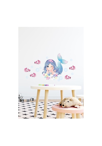 Mavi Saçlı Deniz Kızı Ve Balıklar Duvar Sticker Seti