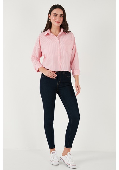 Lela Regular Fit Çizgili Göğüs Cepli Dokulu Bayan Gömlek 6772870 Şeker Pembe