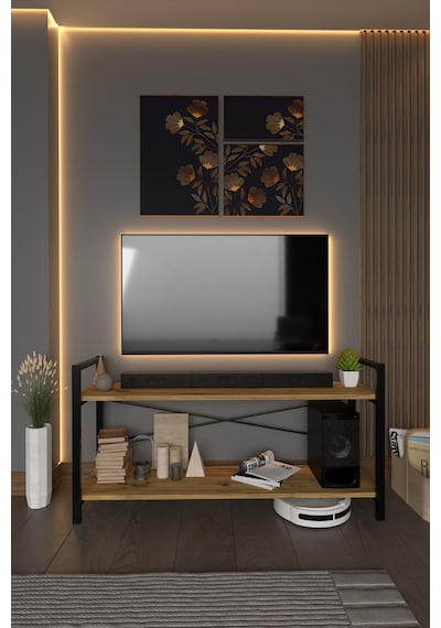 TV Ünitesi Dekoratif 2 Raflı Metal Ayaklı TV Sehpası Atlantik Çam