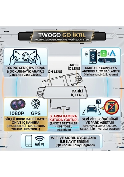 9.66" Akıllı Dikiz Ayna Araç Kamerası Ön ve Araç İçi Kabin Kayıtlı CarPlay Android Auto (Opsiyonel Arka Kamera Destekli)