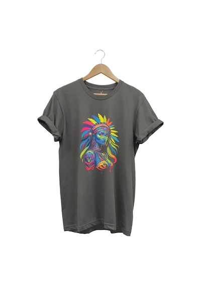 Renkli Kızılderili Baskılı %100 Pamuk Regular Fit Bisiklet Yaka Gri T-shirt Gri