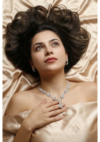 Accessories Hürrem Model Janjan Taşlı Kolye Küpe Takı Seti - Gelin Düğün Nişan Abiye Set Gümüş