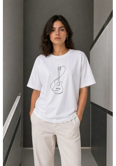 Efnaz Style Minimal Gitar Baskılı Tişört T-shirt Yazlık Kısa Kol Bisiklet Yaka T-shirt - Beyaz