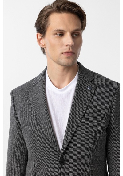 Süvari Siyah Slim Fit Desenli Mono Yaka 6 Drop Ceket-33889 Siyah