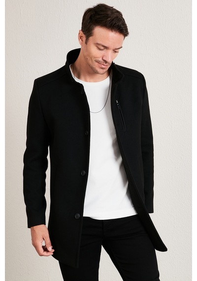 Buratti Slim Fit Düğmeli Dik Yaka Kaşe Erkek Kaban 5840099 Siyah