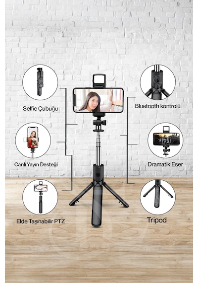 Led Işıklı Selfie Çubuğu Bluetooth Kumandalı Kablosuz Tripot Selfie Monopod Selfie Stick Siyah Lisinya