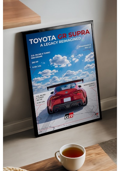 Toyota Gr Supra Siyah Ahşap Çerçeveli Poster, Dekoratif Araba Duvar Tablosu