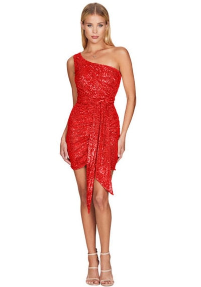 Hanife Glam Couture Hanife Glam Tek Omuz Zara Pupayet İşlemeli Mini Elbise Kırmızı