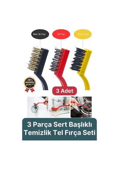 Çok Amaçlı Bakır Naylon Yağ Çıkarma Aspiratör Ocak Lavabo Fırın Detaylı Temizlik Tel Fırça 3 Parça