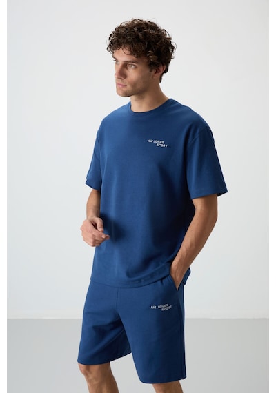 Tommy Life Parlament Pamuklu Kalın Yumuşak Dokulu Oversize Fit Nakışlı Erkek Şort Takım - 85250 Lacivert