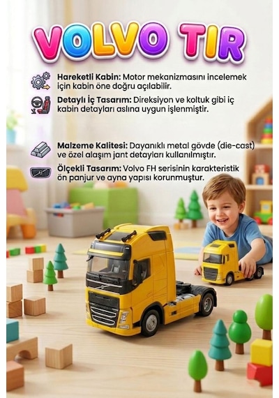 Işıklı Sesli Pilli Çek Bırak Mekanizmalı Öne Doğru Açılan Kabinli 11cm Dorsesiz Oyuncak Tır Sarı