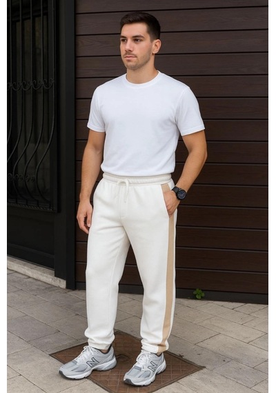 Efnaz Style Erkek Üç İplik Kışlık Pamuklu Yandan Garneli Kalın Bej Şeritli Cepli Eşofman Altı - Beyaz Efnaz Style Erkek Üç İplik Kışlık Pamuklu Yandan Garneli Kalın Bej Şeritli Cepli Eşofman Altı - Beyaz