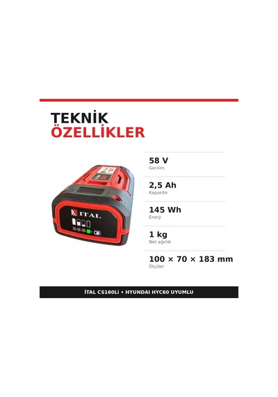 Ital Cs160li 58v 2.5 Ah Li-ion Akü Hyundai Hyc60 Uyumlu