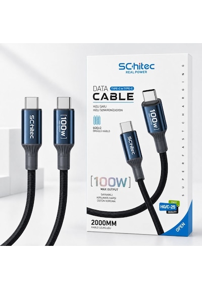 Schitec 100w Type-c To Type-c Süper Hızlı Data Ve Şarj Kablosu Siyah 2 Metre Hg/c-25 100w 2m Blue