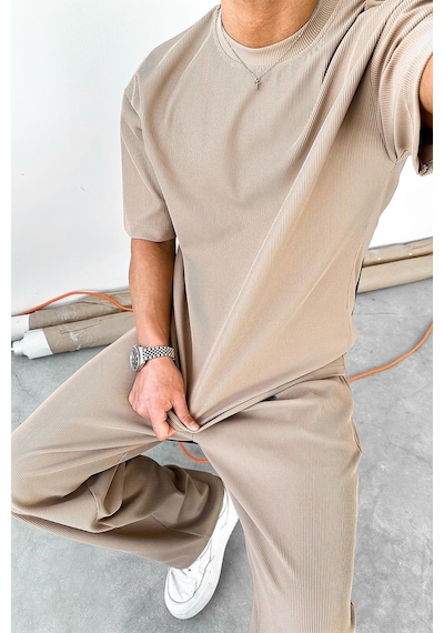 Kahverengi İnce Fitilli Oversize Tişört Kahverengi