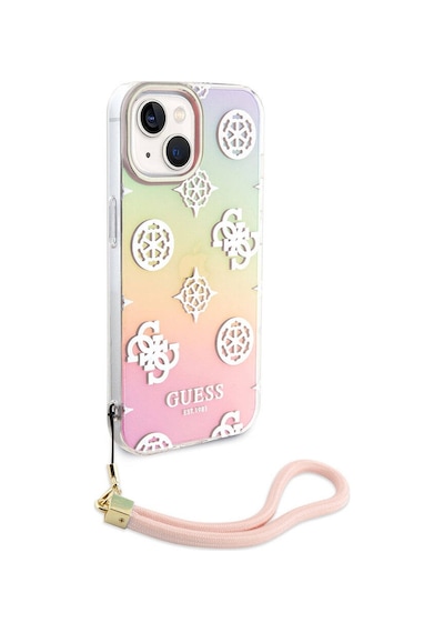 Apple Uyumlu iPhone 15 Plus Kılıf Guess Lisanslı Yazı Logolu Askı İpli Holografik Glitter Peony